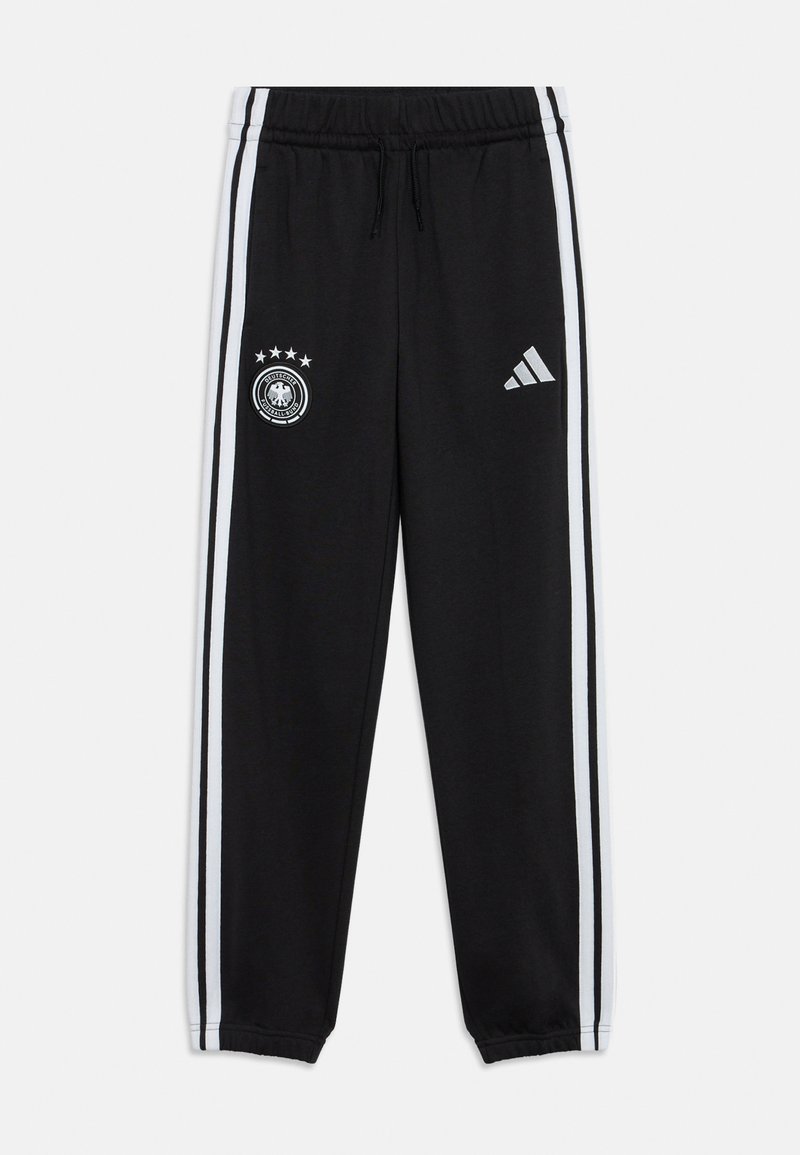 Calças de treino pretas em algodão, com riscas laterais brancas, uma cintura elástica com cordão e o logótipo do futebol alemão na perna esquerda.