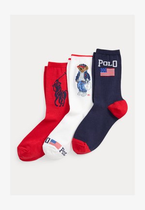 Șosete roșii, albe și bleumarin cu modele Polo Ralph Lauren: jucător de polo, urs îmbrăcat și steagul american cu textul "POLO".