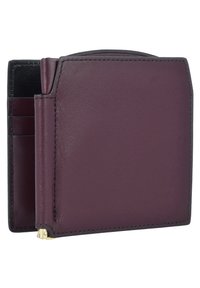 Burgundy leather wallet with a smooth texture, featuring card slots and a gold hardware accent on the side for closing.