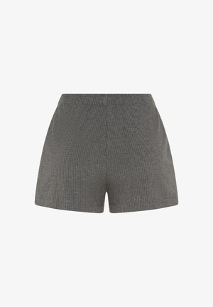 Grijze geribbelde gebreide shorts met een elastische tailleband, ontworpen voor een nauwsluitende en comfortabele pasvorm.