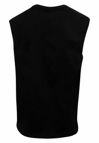 Tricou negru fără mâneci, fabricat din bumbac moale. Guler rotund, tiv drept, textură netedă, fără modele sau ornamentații.