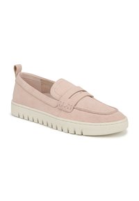 Des chaussures slip-on rose clair avec une tige en toile texturée, un col rembourré et une semelle en caoutchouc blanc dotée de détails nervurés pour une meilleure adhérence.