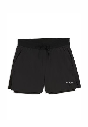 Zwarte atletische shorts met een gaasband, trekkoord, een ritszak aan de zijkant en witte HYROX- en Puma-logo's op het linkerbeen.