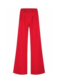 Rode wijde broekspijpen gemaakt van zachte stof. Kenmerkt zich door een ceintuursluiting met een decoratieve metalen sluiting en plooien voor extra volume.