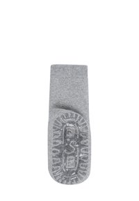 Gray sock with a textured rubberized sole featuring a tread pattern. The body is soft knit, and the cuff is ribbed for comfort.