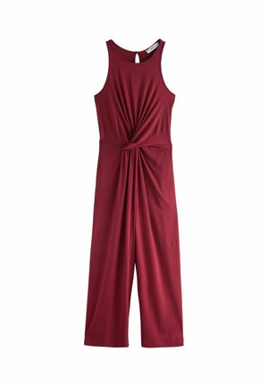 Ärmelloser bordeauxroter Jumpsuit mit rundem Ausschnitt, Schlüsselloch-Rücken und gerafftem Drehdetail an der Taille.