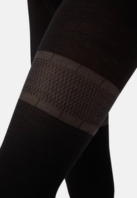 Primo piano di leggins neri in tessuto con una larga fascia grigia testurizzata attorno all'area coscia.