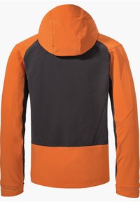 Water-resistant jacket featuring a black body with bright orange hood and sleeves. Smooth texture with contrast stitching and no visible hardware.