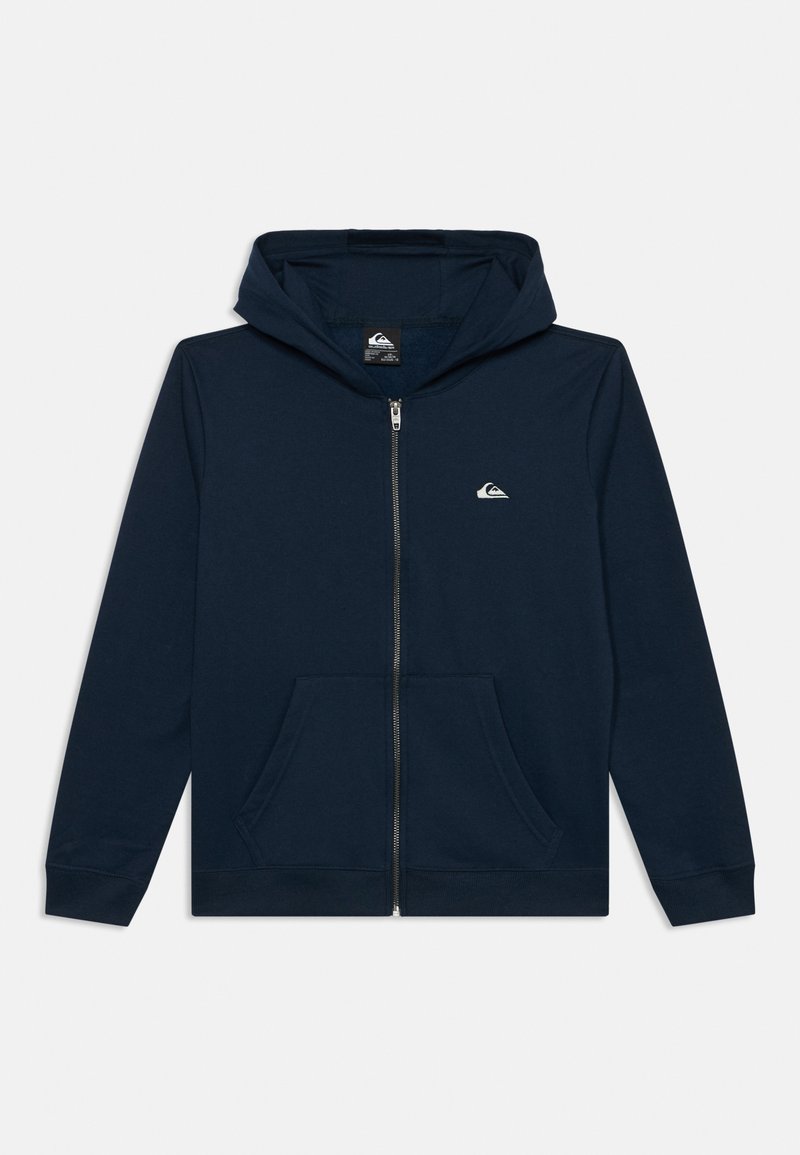 Navy blauwe rits hoodie gemaakt van zachte katoen; heeft een capuchon met trekkoord, voorzakken en een klein logo op de linkerborst.