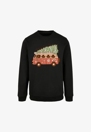 Black sweatshirt featuring a graphic of a vintage van with a Christmas tree on top. Colors include red, green, and white floral accents.
