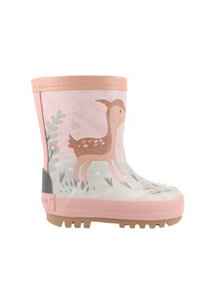 Child’s pink rain boot with a deer illustration, floral accents, textured sole, and padded cuff.