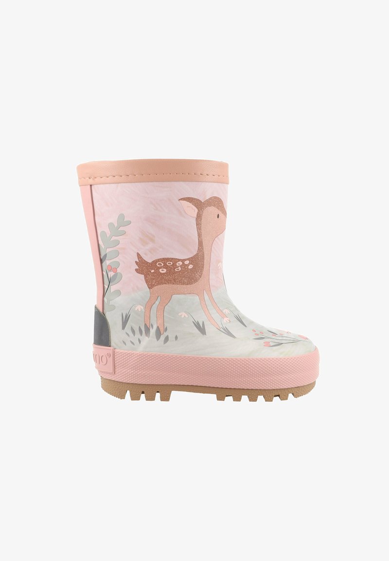 Child’s pink rain boot with a deer illustration, floral accents, textured sole, and padded cuff.