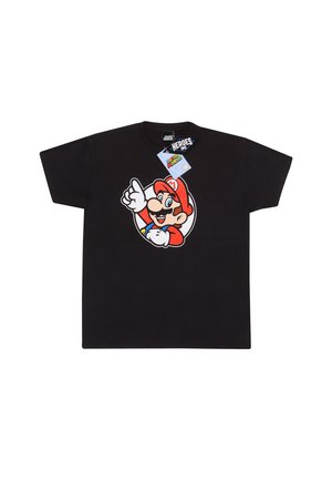 T-shirt en coton noir avec un grand graphisme coloré d'un personnage de dessin animé portant un chapeau rouge et faisant un geste de pouce levé sur le devant.