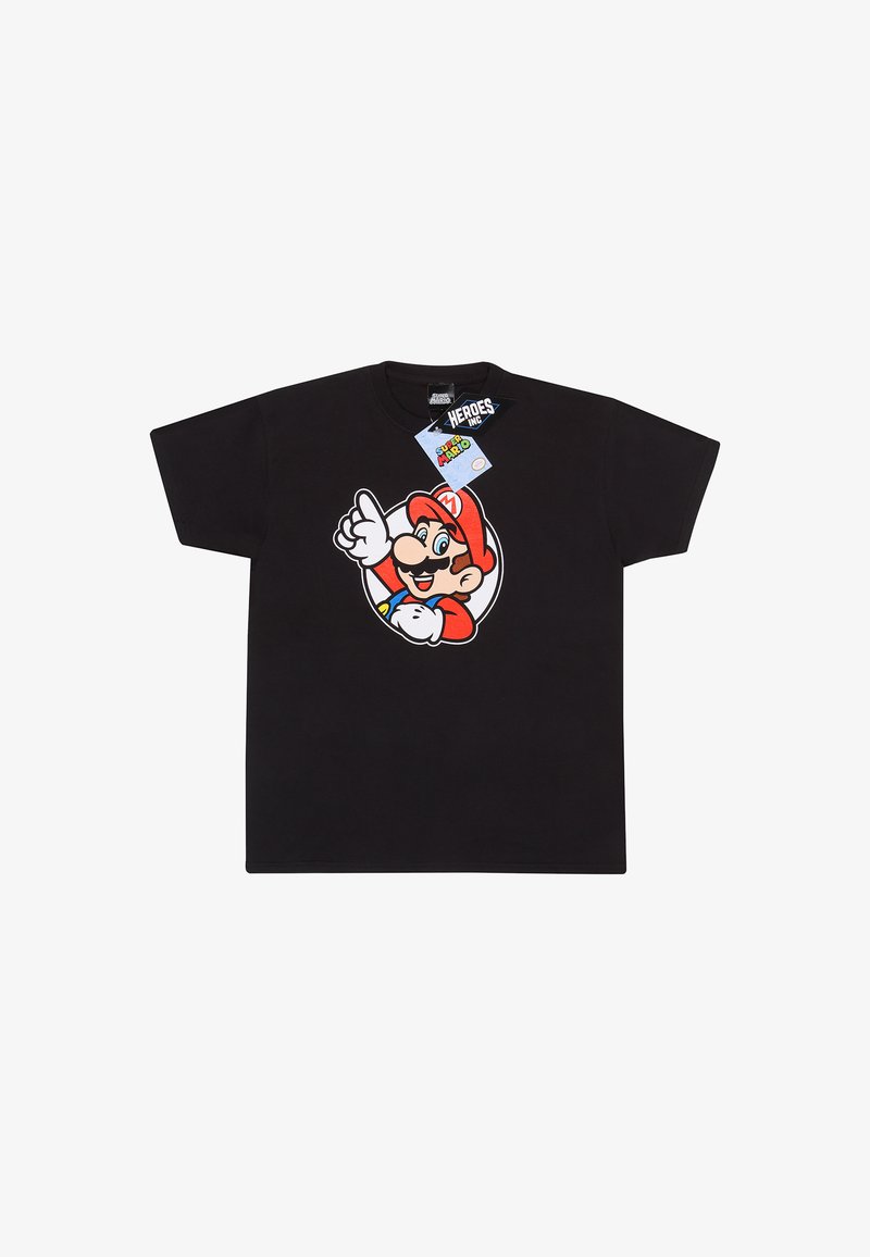 Schwarzes Baumwoll-T-Shirt mit einem großen, bunten Grafikdesign eines Cartooncharakters mit rotem Hut und Daumen-hoch-Geste auf der Vorderseite.