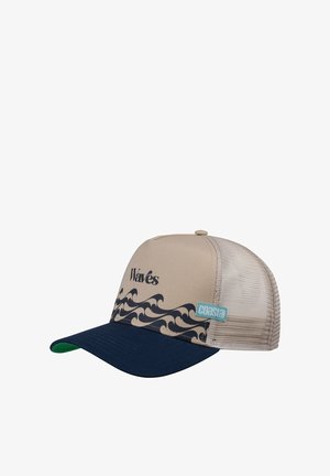 Beige baseball cap with navy bill, wave pattern in dark blue, "Waves" text, mesh back, and a light blue "Coastal" tag on the side.