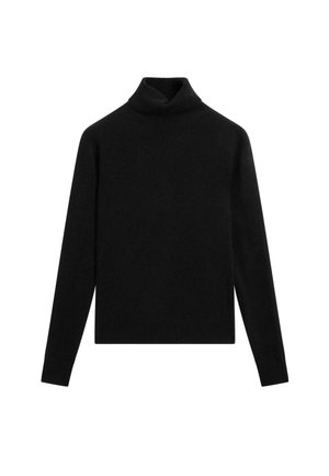 Maglione nero a collo alto con maniche lunghe, realizzato in materiale a maglia morbida. Presenta una silhouette aderente e un colletto a coste. Design semplice.