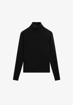 Schwarzer Rollkragenpullover mit langen Ärmeln, aus einem glatten Strickmaterial gefertigt. Besitzt eine figurbetonte Silhouette und einen gerippten Kragen. Einfaches Design.