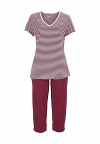 Striped short-sleeve top in maroon and white, with a V-neckline; paired with matching maroon capri pants, made of soft cotton fabric.
