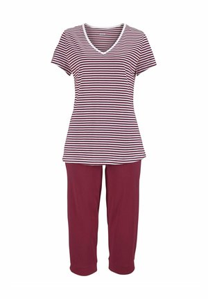 Gestreiftes kurzärmeliges Oberteil in Maroon und Weiß mit V-Ausschnitt; kombiniert mit passenden maroonfarbenen Caprihosen aus weichem Baumwollstoff.