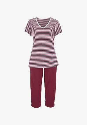 Gestreiftes kurzärmeliges Oberteil in Maroon und Weiß mit V-Ausschnitt; kombiniert mit passenden maroonfarbenen Caprihosen aus weichem Baumwollstoff.