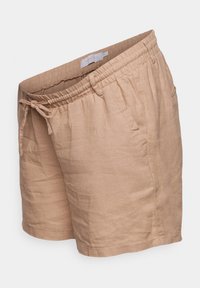 Pantalones cortos de lino color marrón claro con cintura elástica, cordón ajustable y bolsillos laterales. La tela tiene una textura sutil y un ajuste relajado.