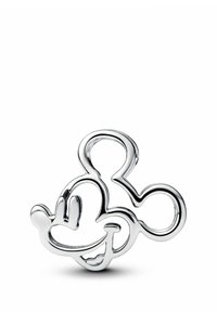 Charm in metallo argentato a forma di testa di topo in stile cartone animato, con orecchie tonde e un volto sorridente con tratti del viso delineati.