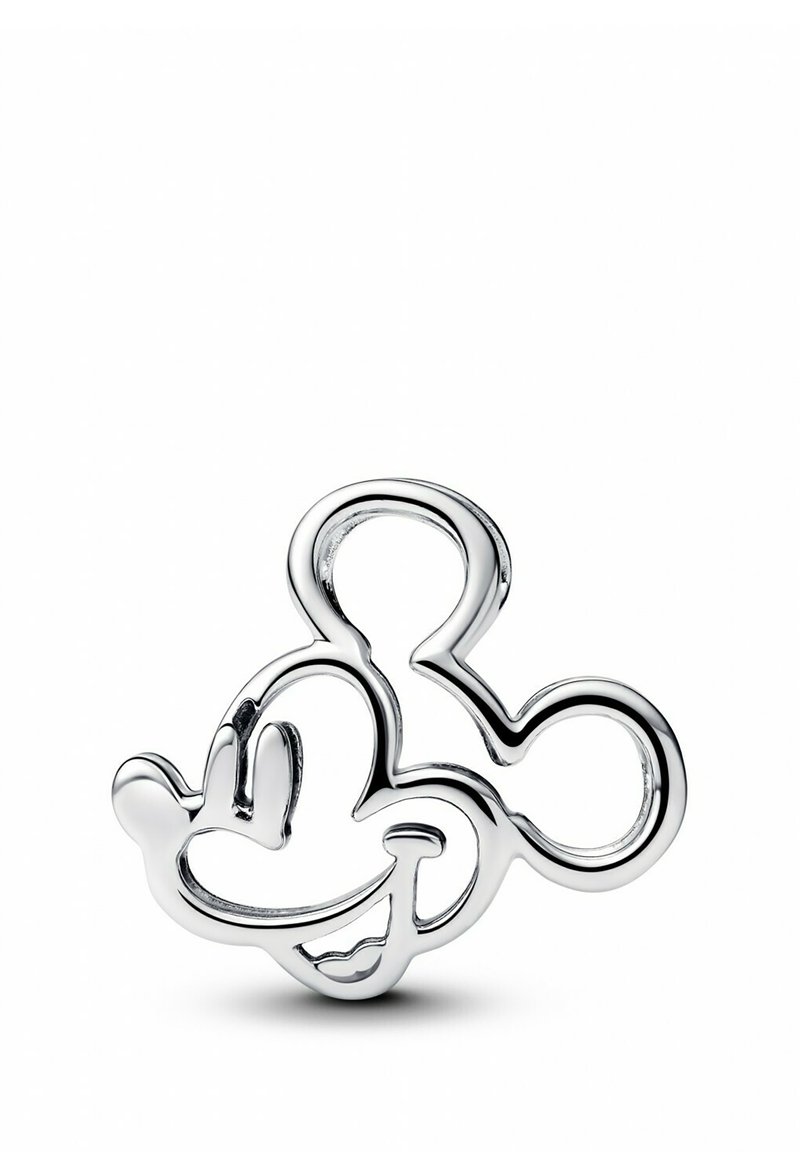 Charm in metallo argentato a forma di testa di topo in stile cartone animato, con orecchie tonde e un volto sorridente con tratti del viso delineati.