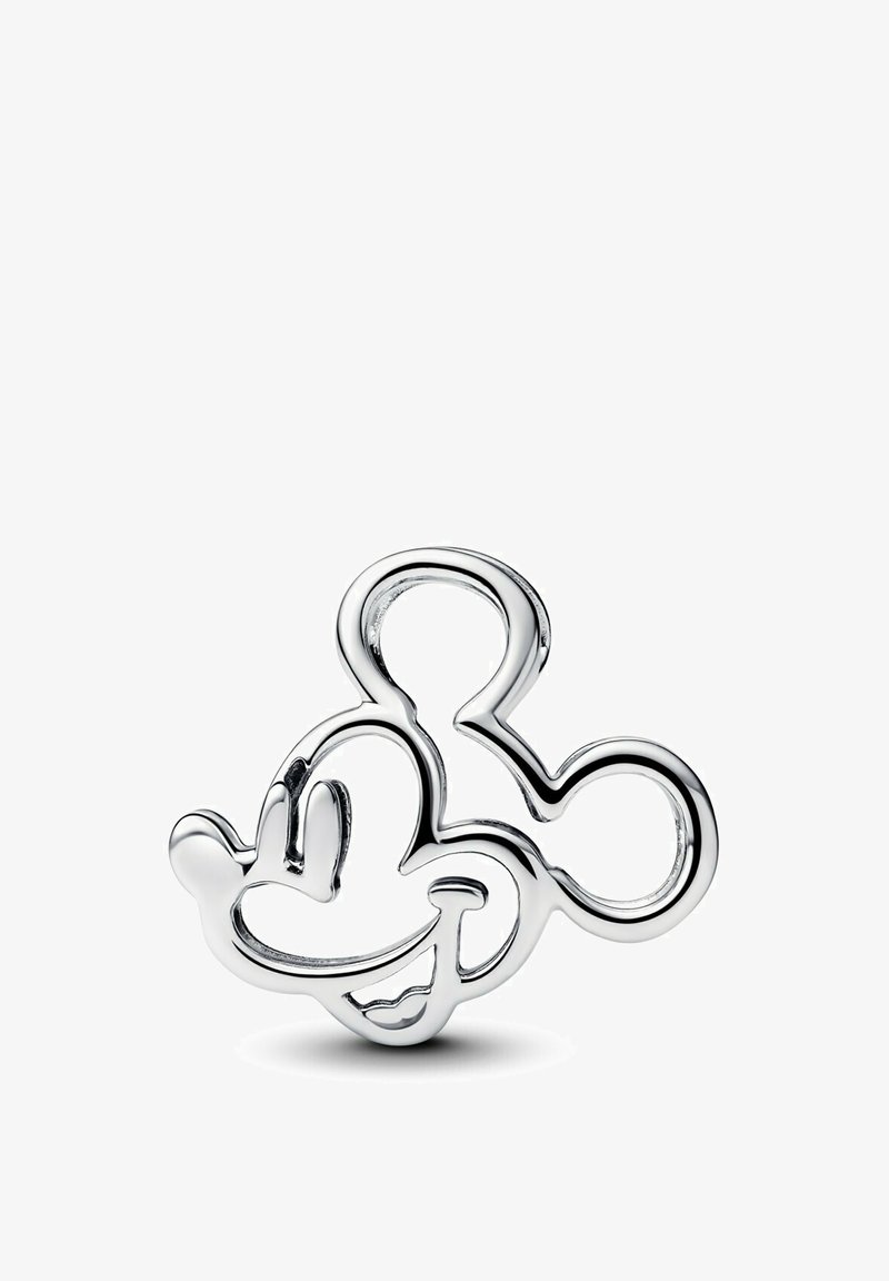 Charm in metallo argentato a forma di testa di topo in stile cartone animato, con orecchie tonde e un volto sorridente con tratti del viso delineati.