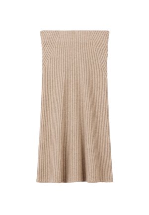 Beiger gestrickter, gerippter Midirock mit leichtem Ausstellen und Nahtdetails, gefertigt aus weichem Wollmischgewebe.