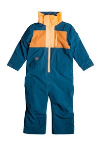 Blå och orange skiddräkt med hög krage, flera fickor och dragkedja fram, med en klar orange övre del och elastiska ärmslut.