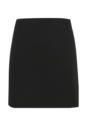 Melna taisna svārki ar ceļgalu garumu un pieguļošu jostasvietu, vienkāršs dizains bez rakstiem vai rotājumiem.