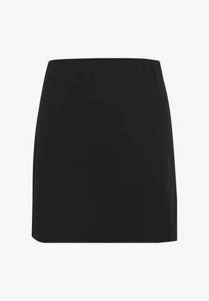 Melna taisna svārki ar ceļgalu garumu un pieguļošu jostasvietu, vienkāršs dizains bez rakstiem vai rotājumiem.