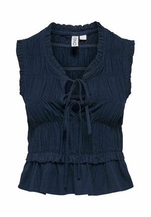 Blouse sans manches bleu marine avec tissu froncé, détail noué à l'avant, ourlet à volants et taille élastique pour une silhouette ajustée.