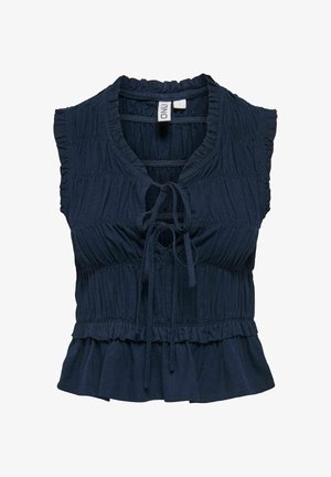 Blouse sans manches bleu marine avec tissu froncé, détail noué à l'avant, ourlet à volants et taille élastique pour une silhouette ajustée.