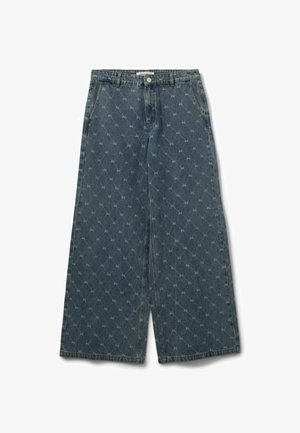 Jeans mit weitem Bein aus Denim mit Rautenmuster, ausgestattet mit einem Knopfverschluss und einem Fünf-Taschen-Design. Dunkelblaue Farbe mit hellen Steppnähten.