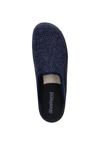 Navy slip-on shoe with a textured knitted upper, a beige cushioned insole, and a rubber outsole featuring branding on the footbed.