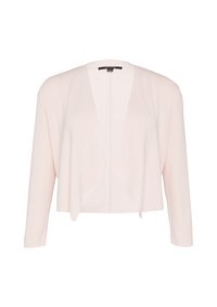 Helles rosa Cardigan mit langen Ärmeln, offener Vorderseite, weichem Strickmuster und drapierter Gestaltung. Hat keine Verschlüsse oder Verzierungen.