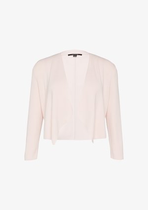 Helles rosa Cardigan mit langen Ärmeln, offener Vorderseite, weichem Strickmuster und drapierter Gestaltung. Hat keine Verschlüsse oder Verzierungen.