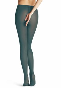 Collant opachi teal, texture trasparente, design senza cuciture, aderenti alle gambe, con una morbida vita elasticizzata e punte rinforzate, che mostrano una finitura liscia.