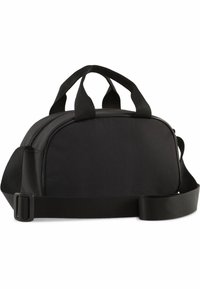 Borsa in tessuto nero con forma arrotondata, manici doppi robusti e tracolla regolabile. Presenta una chiusura con zip superiore e una texture liscia.