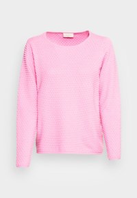 Rosa texturierter Pullover mit rundem Ausschnitt und langen Ärmeln, aus weichem, gemustertem Stoff und mit entspanntem Schnitt.