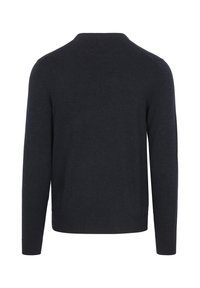 Donkerblauwe trui met lange mouwen, een ronde halslijn, ribgebreide manchetten en een ribgebreide zoom, in een gladde, gebreide stof. Geen zichtbare patronen of accenten.
