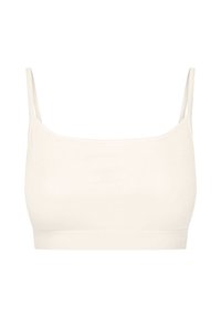Kremowy, prążkowany biustonosz braletka z cienkimi ramiączkami i bezszwowym designem. Minimalistyczny styl z elastycznym paskiem u dołu, z logo marki.