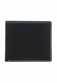 Portefeuille en cuir noir avec des coutures blanches, de forme rectangulaire, texture lisse et logo en relief dans le coin inférieur droit.