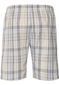 Pantalones cortos de cuadros con una mezcla de colores azul claro, beige y gris; cintura elástica; tela transpirable; diseño hasta la rodilla.