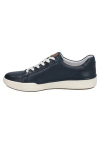 Navy blue leather sneaker with white laces, white rubber sole, and subtle brown accent. Smooth texture with stitched detailing on the sides.