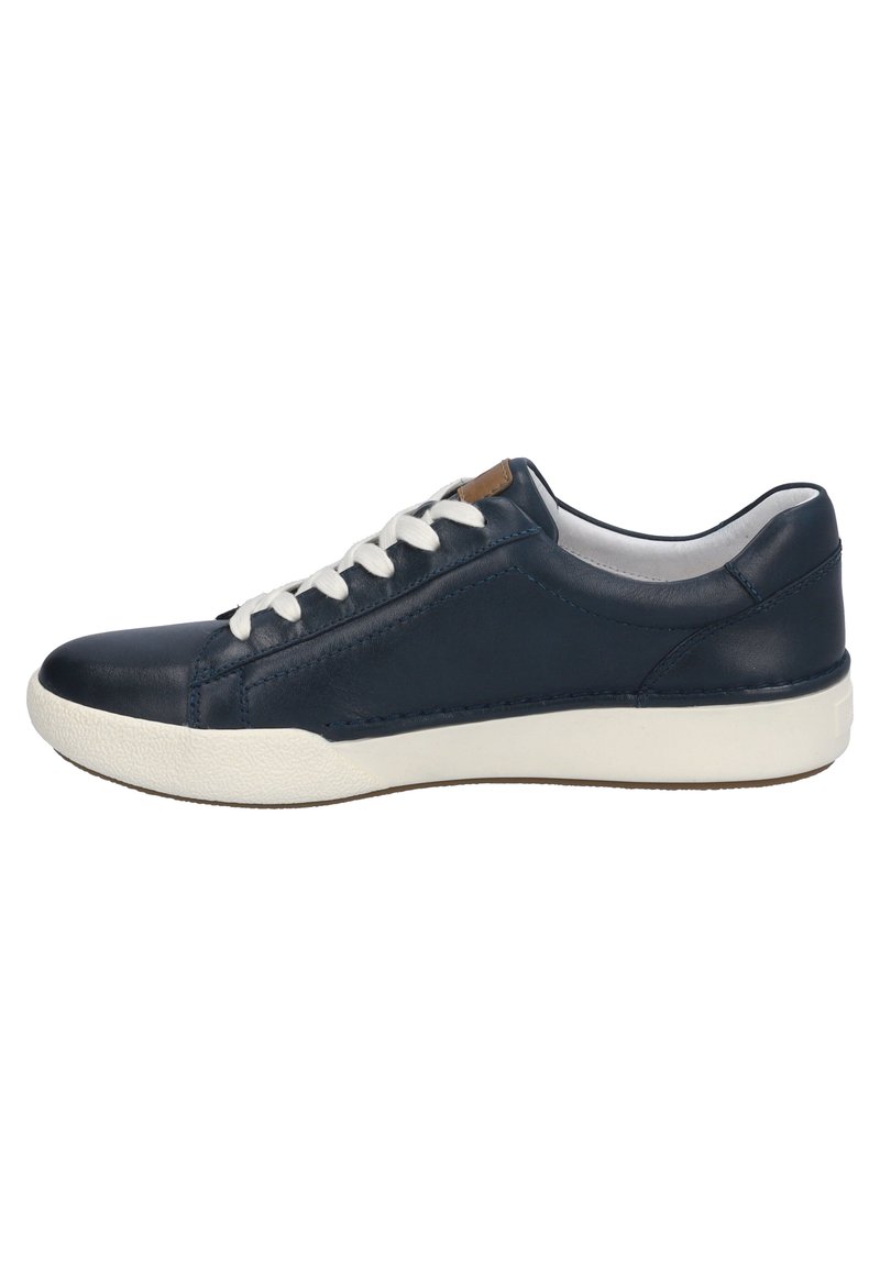 Navy blue leather sneaker with white laces, white rubber sole, and subtle brown accent. Smooth texture with stitched detailing on the sides.