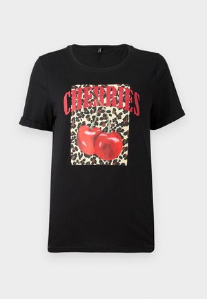 Tricou scurt negru cu maneci, featuring un pătrat cu model de leopard, roșii și textul "CHERRY" în litere roșii îndrăznețe. Fabrică din bumbac fin.