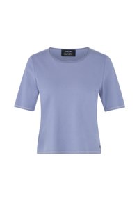 Lila T-Shirt mit kurzen Ärmeln aus weichem Stoff. Verfügt über einen runden Ausschnitt und dekorative Nähte an den Ärmeln und am Saum. Markenlabel sichtbar.