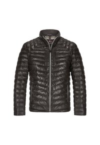 Czarna pikowana skórzana kurtka z przednim zamkiem i zamykanymi kieszeniami bocznymi, stójka oraz poziome pikowanie.